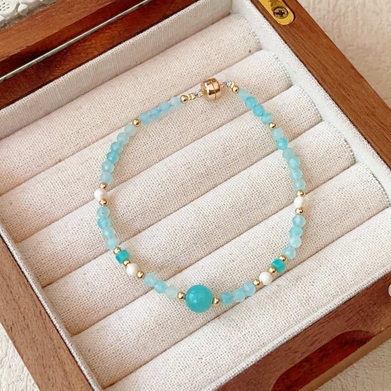 Sweet Geometric Beaded Amazonite Bracelet For Women In Light Green With Natural Stone Inlay