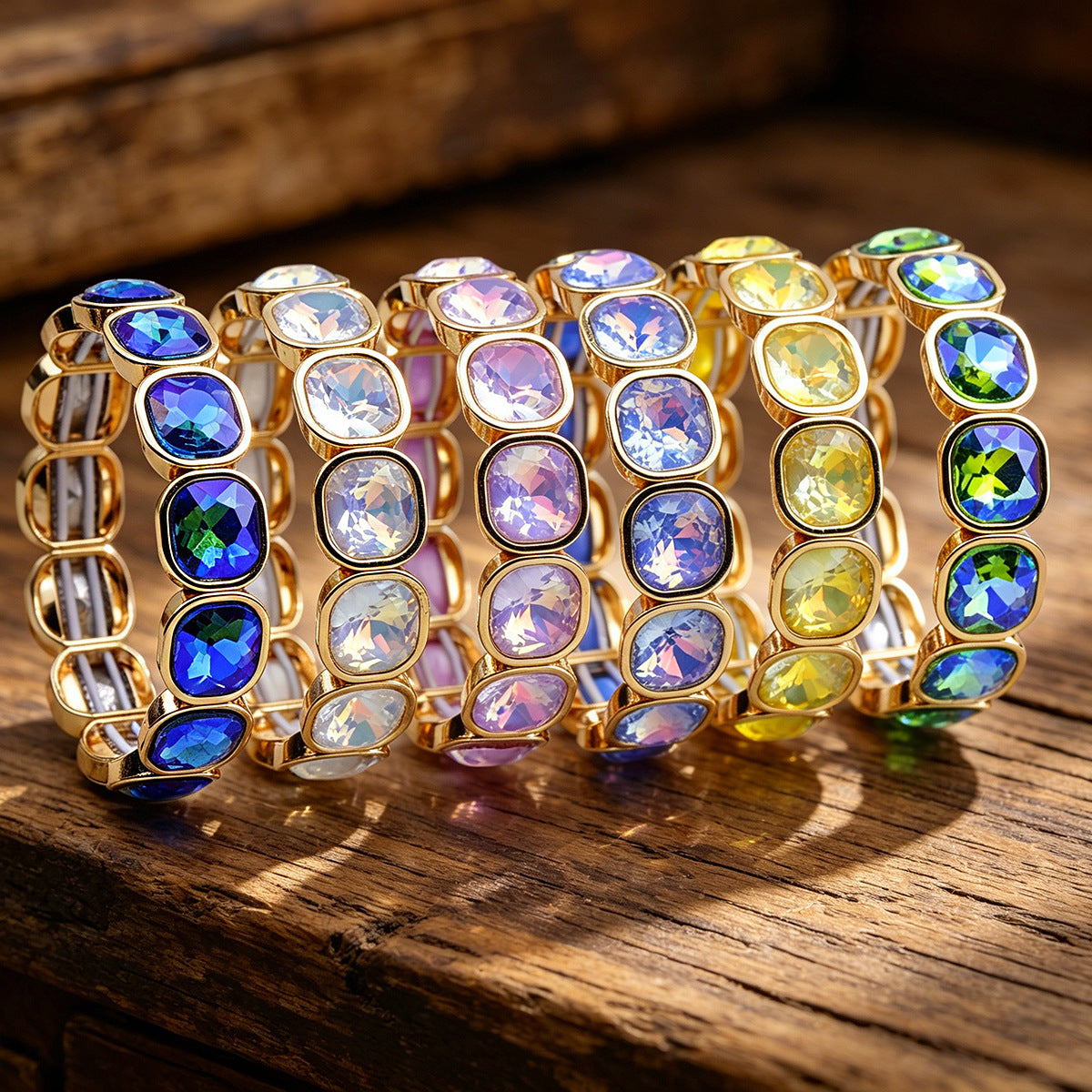 Faceted Square Crystal Bracelets For Women With Elastic String Chain In Maillard Style