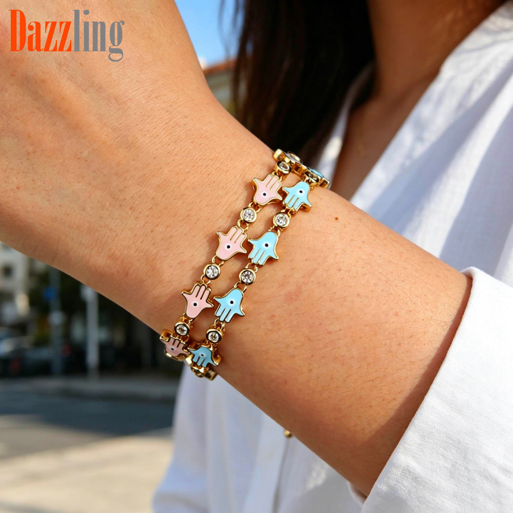 Hand Of Fatima Enamel Copper Bracelet For Women With Zircon Inlay In Gold
