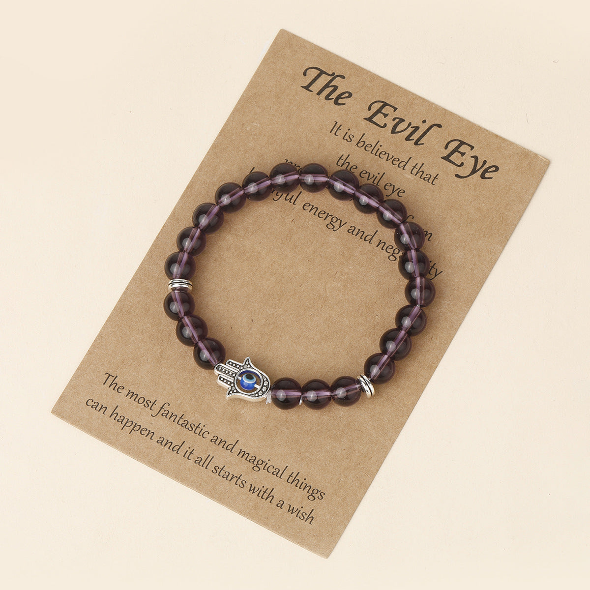 Handmade Hand Of Fatima Unisex Bracelet In Purple Featuring Natural Stone