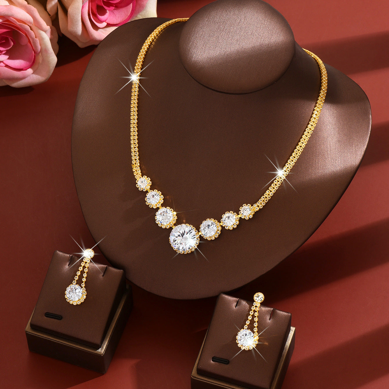 Luxurious Geometric Jewelry Set For Women In Copper With Artificial Crystal Inlay, 2 Pieces Set