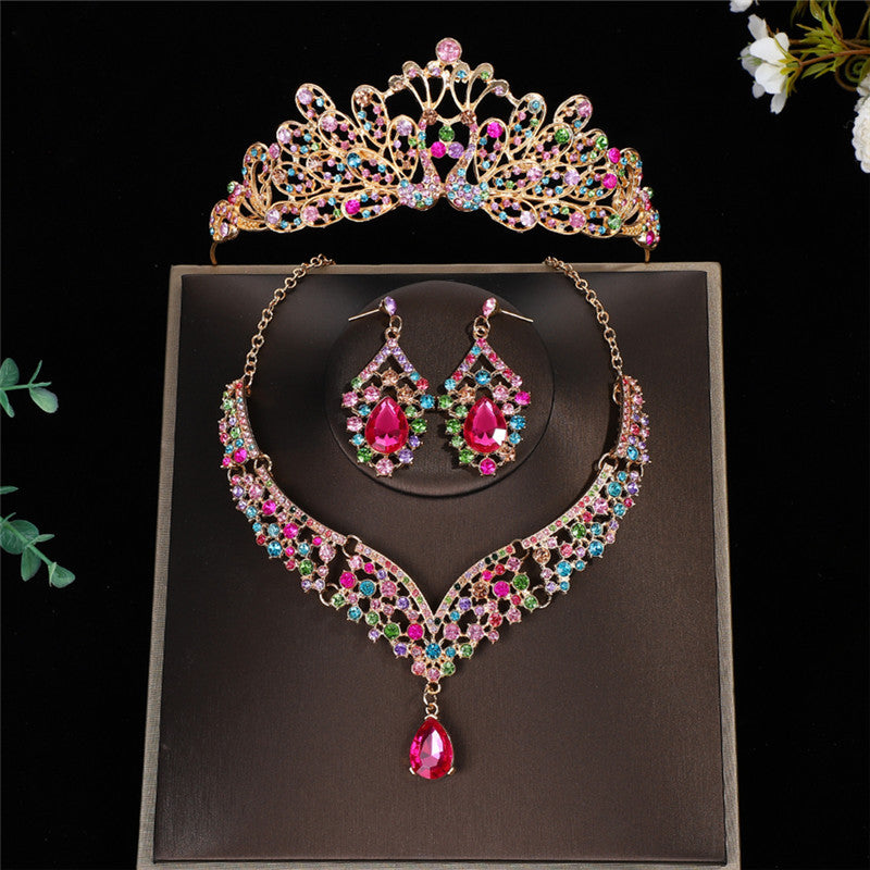 Luxurious Crown Jewelry Set For Women With Electroplated Alloy And Rhinestone Inlay, Featuring Cable Chain