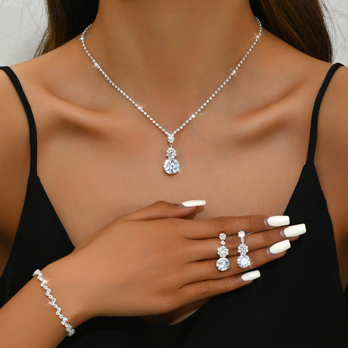 Geometric Copper Jewelry Set With Zircon Inlay, Simple Style For Women, 3 Pieces Set