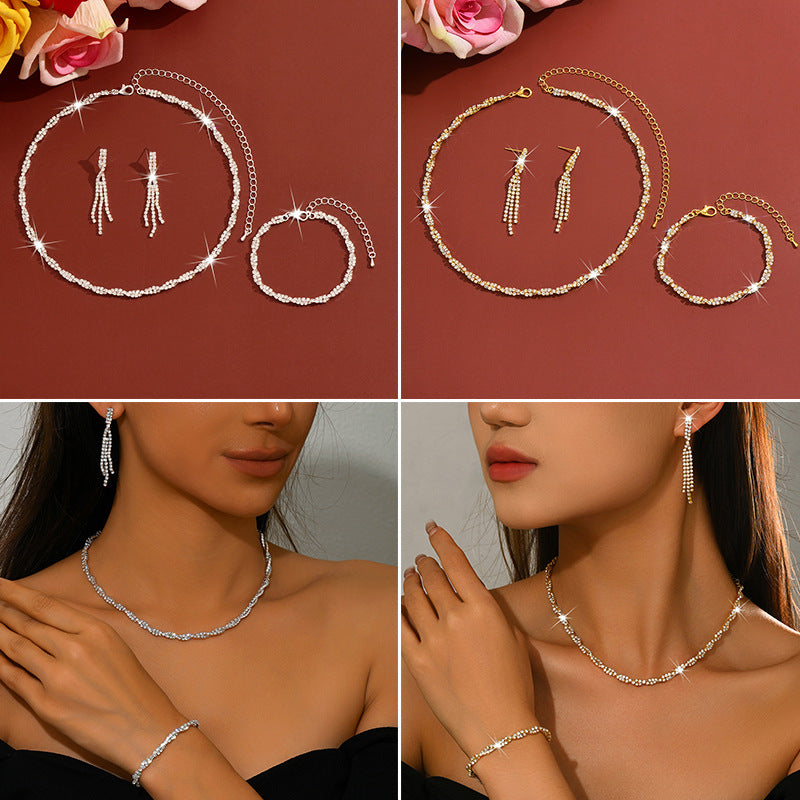 Simple Style Cross Jewelry Set For Women With Electroplated Copper And Rhinestone Inlay, Featuring Twisted Rope Chain