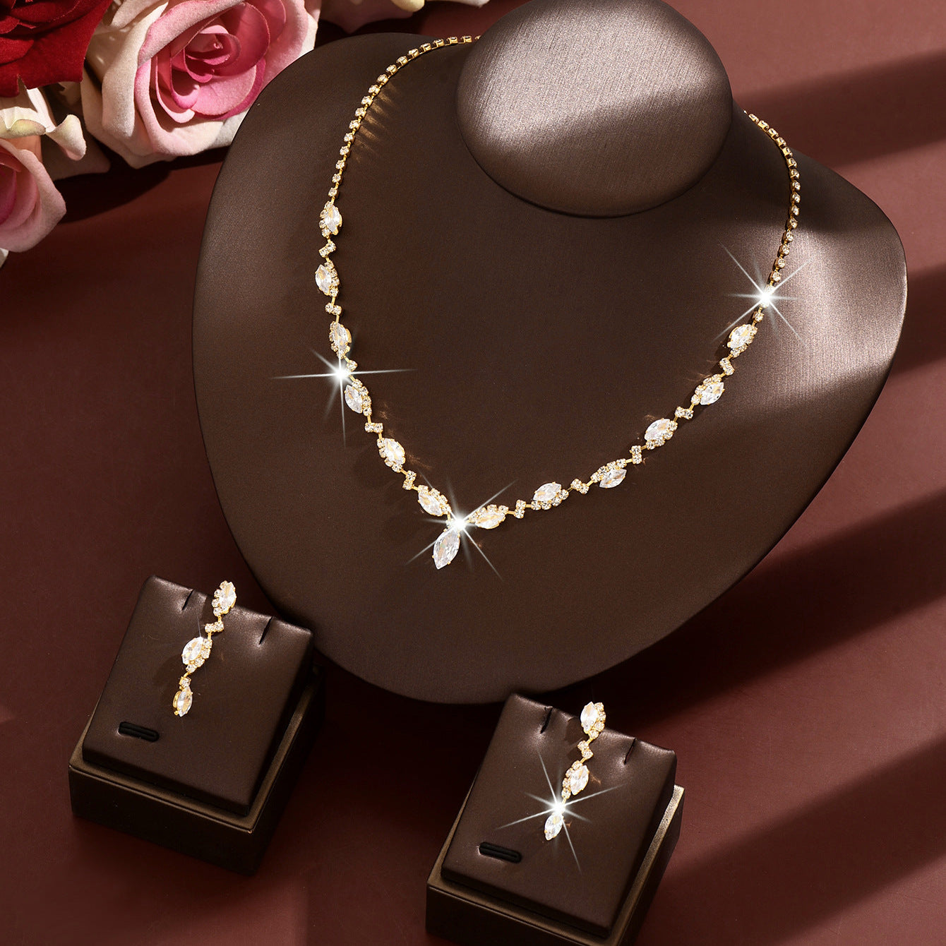 Geometric Copper Jewelry Set For Women With Rhinestones In Gold, 2 Pieces Set