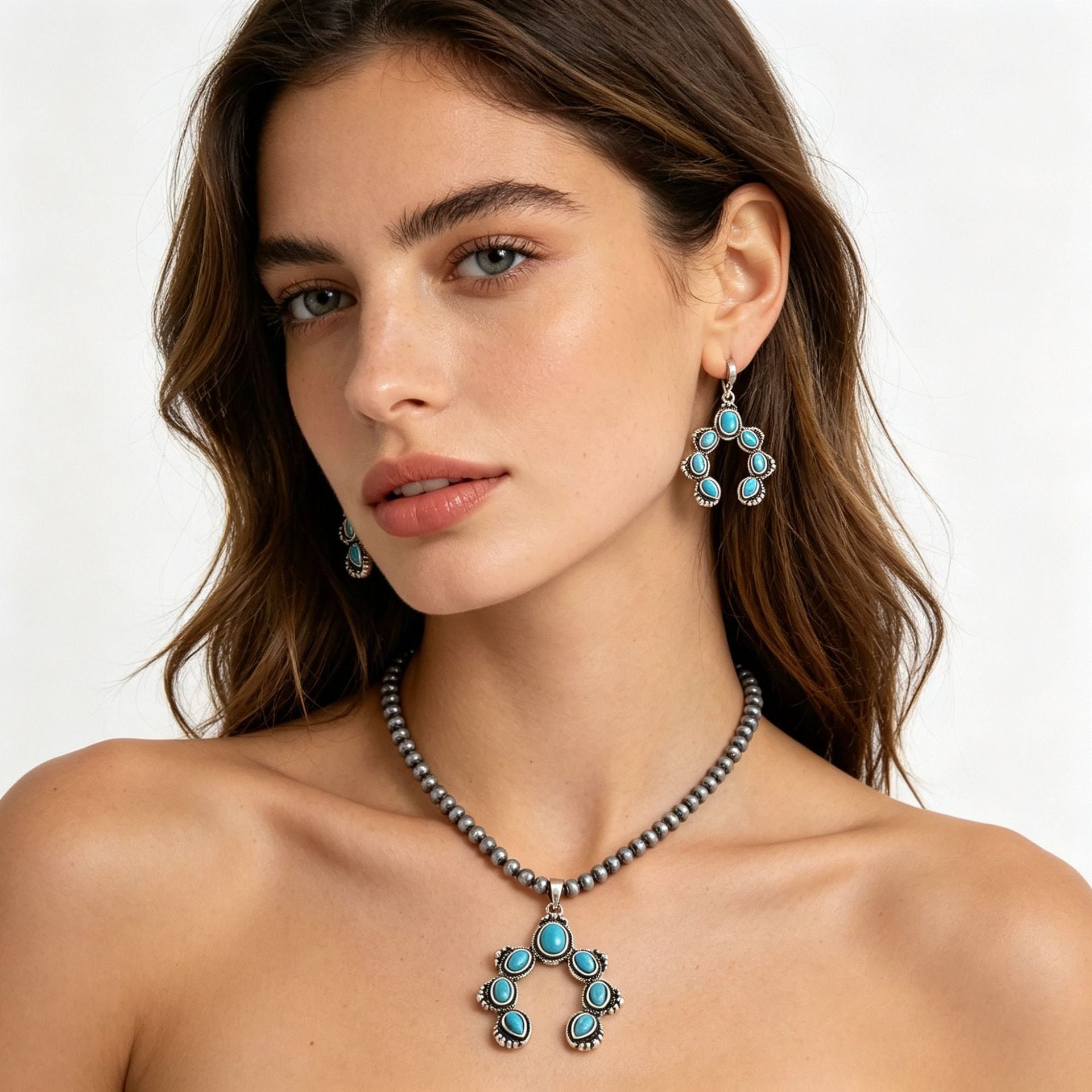Bohemian Handmade Natural Stone Necklace For Women Featuring Turquoise Inlay And Cross Pattern