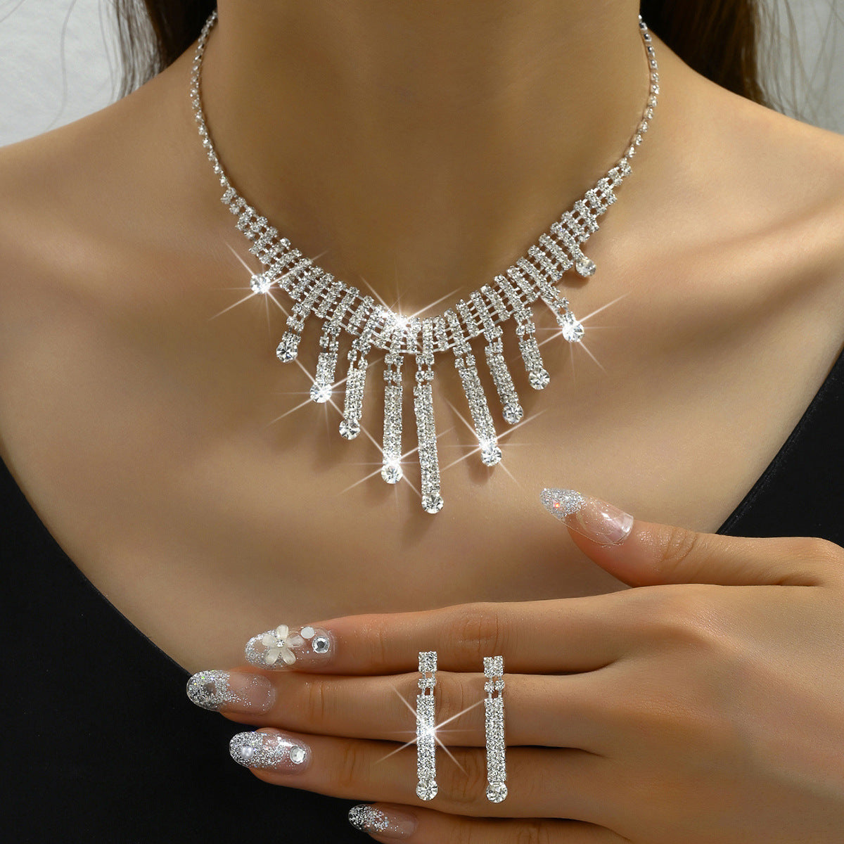 Geometric Tassel Jewelry Set For Women In Electroplated Copper With Rhinestone Inlay