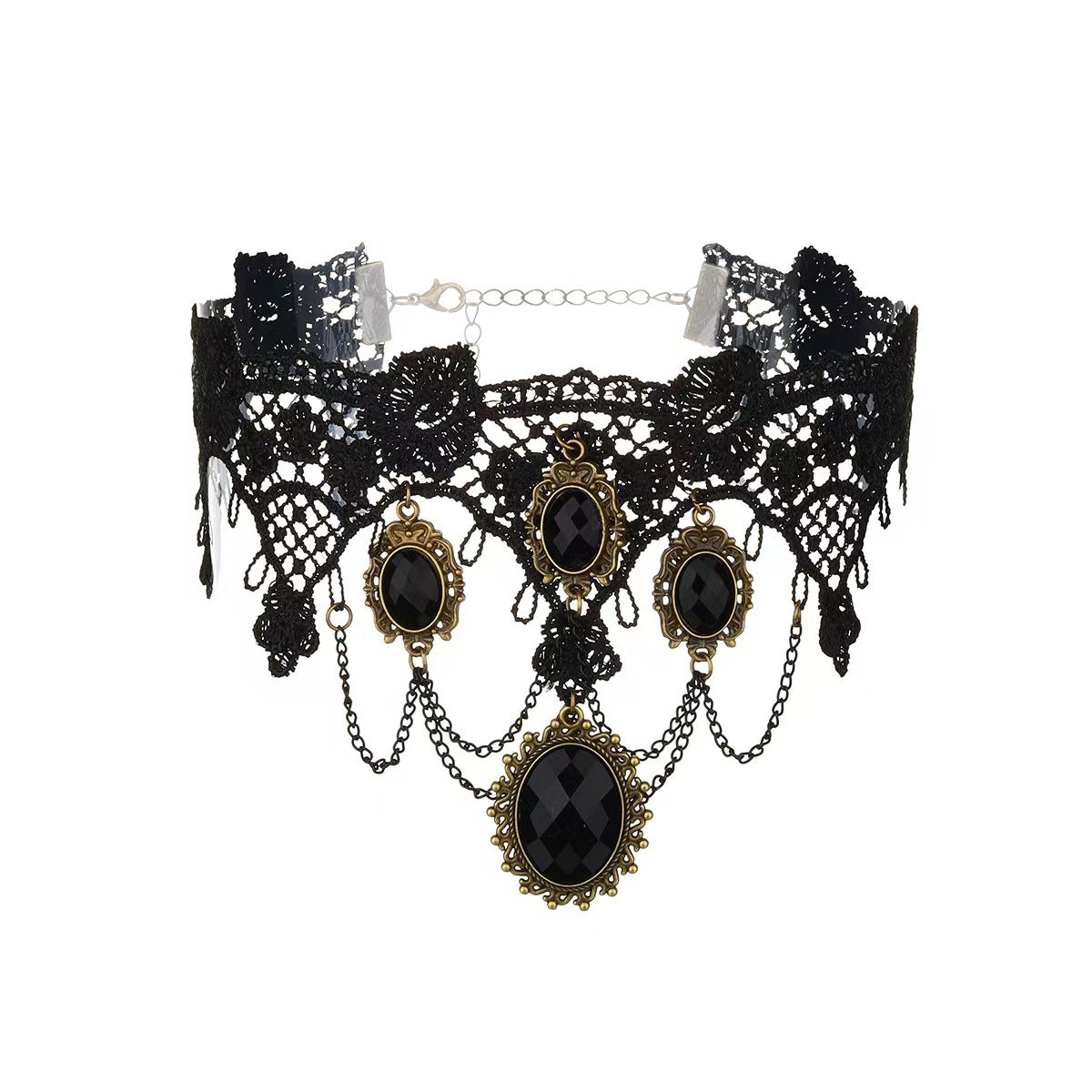 Ethnic Style Lace Choker Necklace For Women In Dyed Black Alloy With Electroplated Finish And Resin Pendant