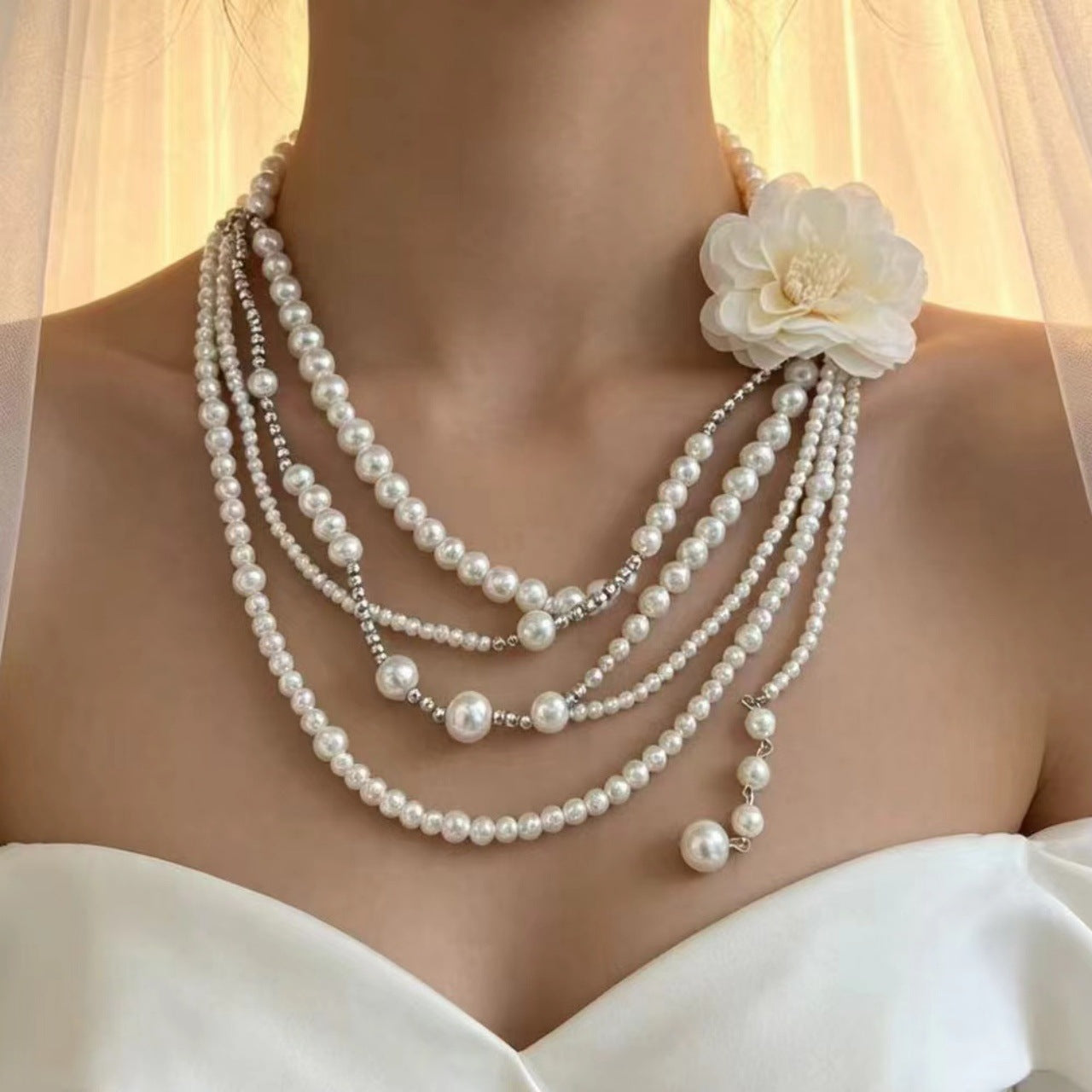 Sweet Layered Necklaces For Women Featuring Flowers And Tassel Design With Imitation Pearl Pendant Material