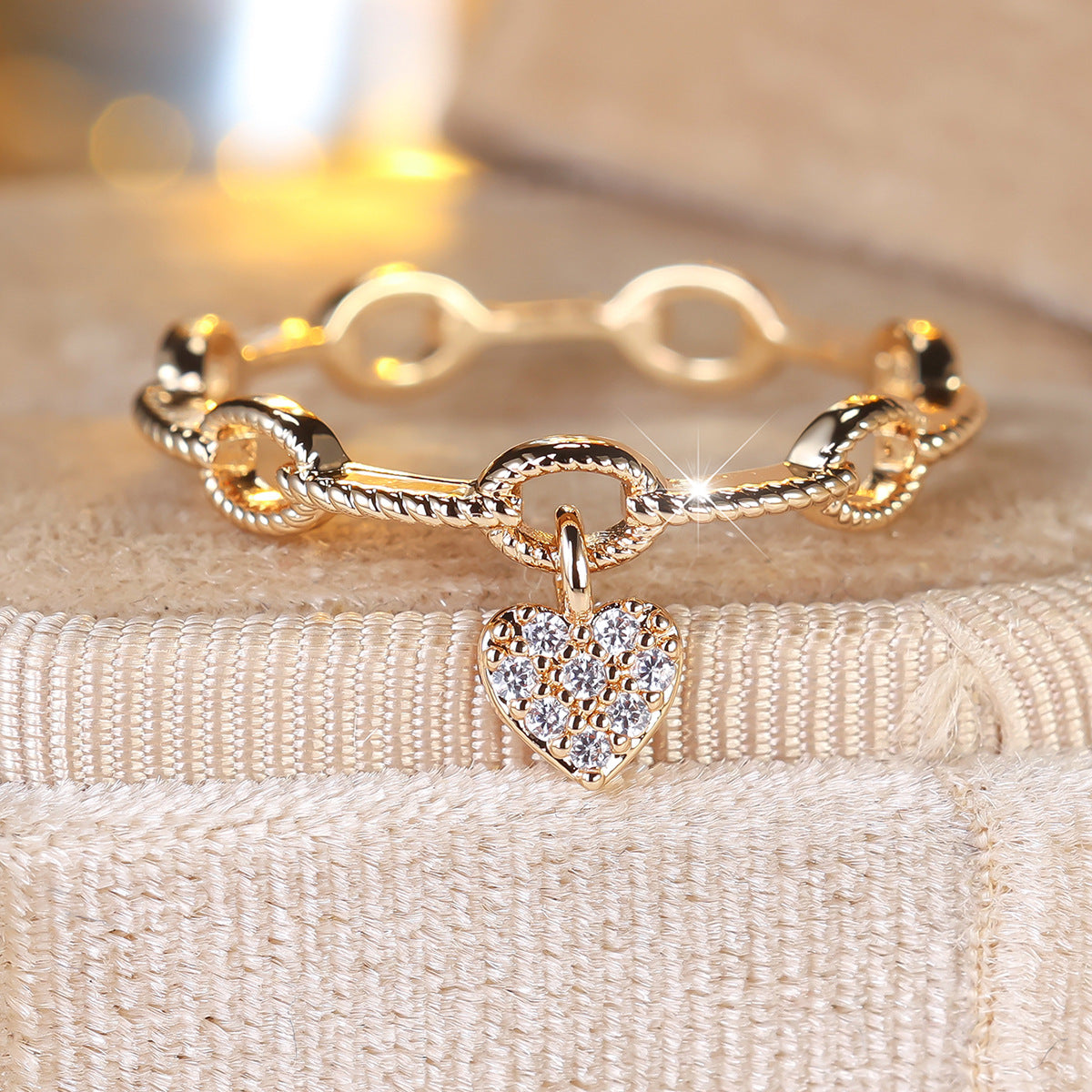 Heart Shape Ring For Women In Copper With Golden Plated Electroplated Finish Featuring Zircon Inlay