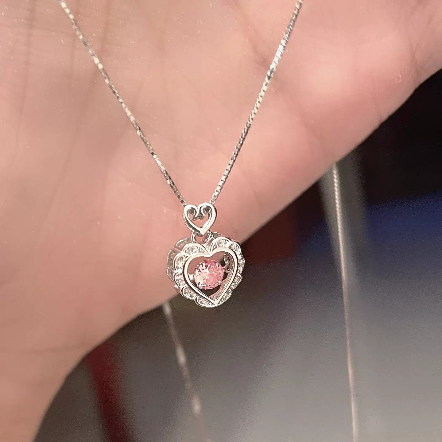 Sweet Heart Shape Necklace For Women In Natural Pink Copper With Zircon Inlay And Box Chain
