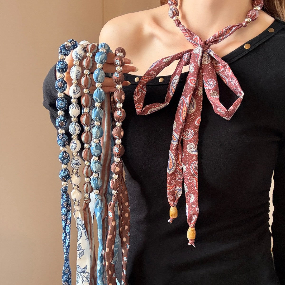 French Style Women’s Silk Scarf With Beading Featuring Cashew Nuts Pattern In Multicolor For Spring