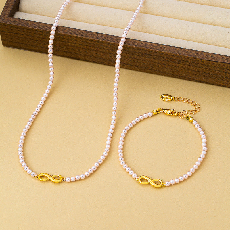 Elegant Infinity Beading Necklace For Women With Natural Pink Beads And Copper Pendant