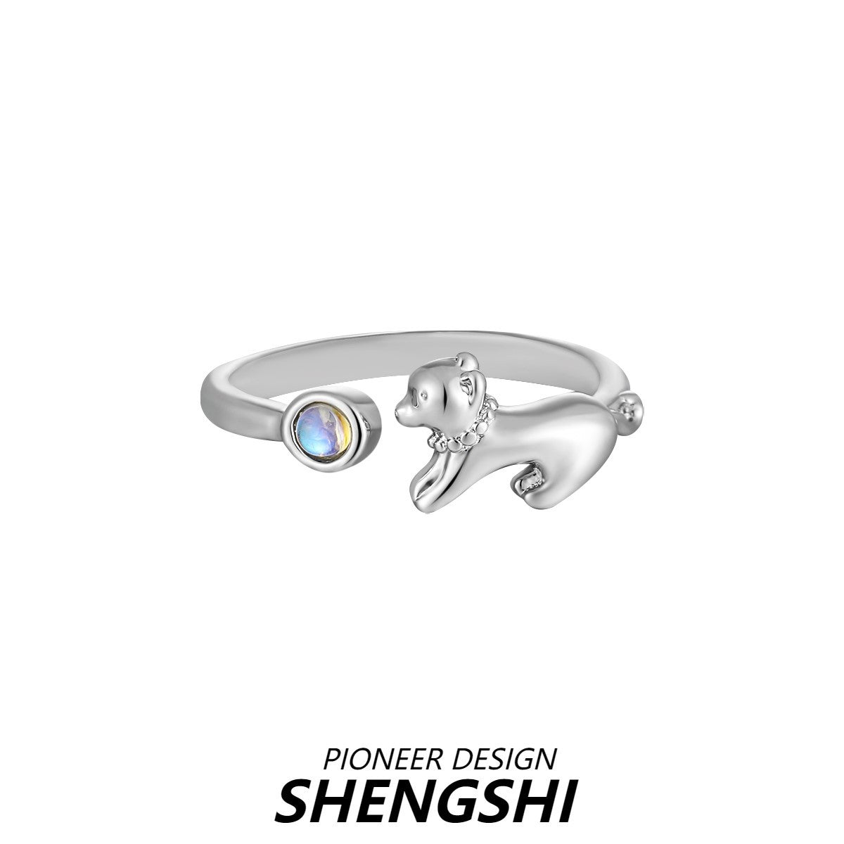 Cute Cat Open Ring For Women, Waterproof Non Tarnish Copper With Electroplated Gold Plating And Moonstone Inlay