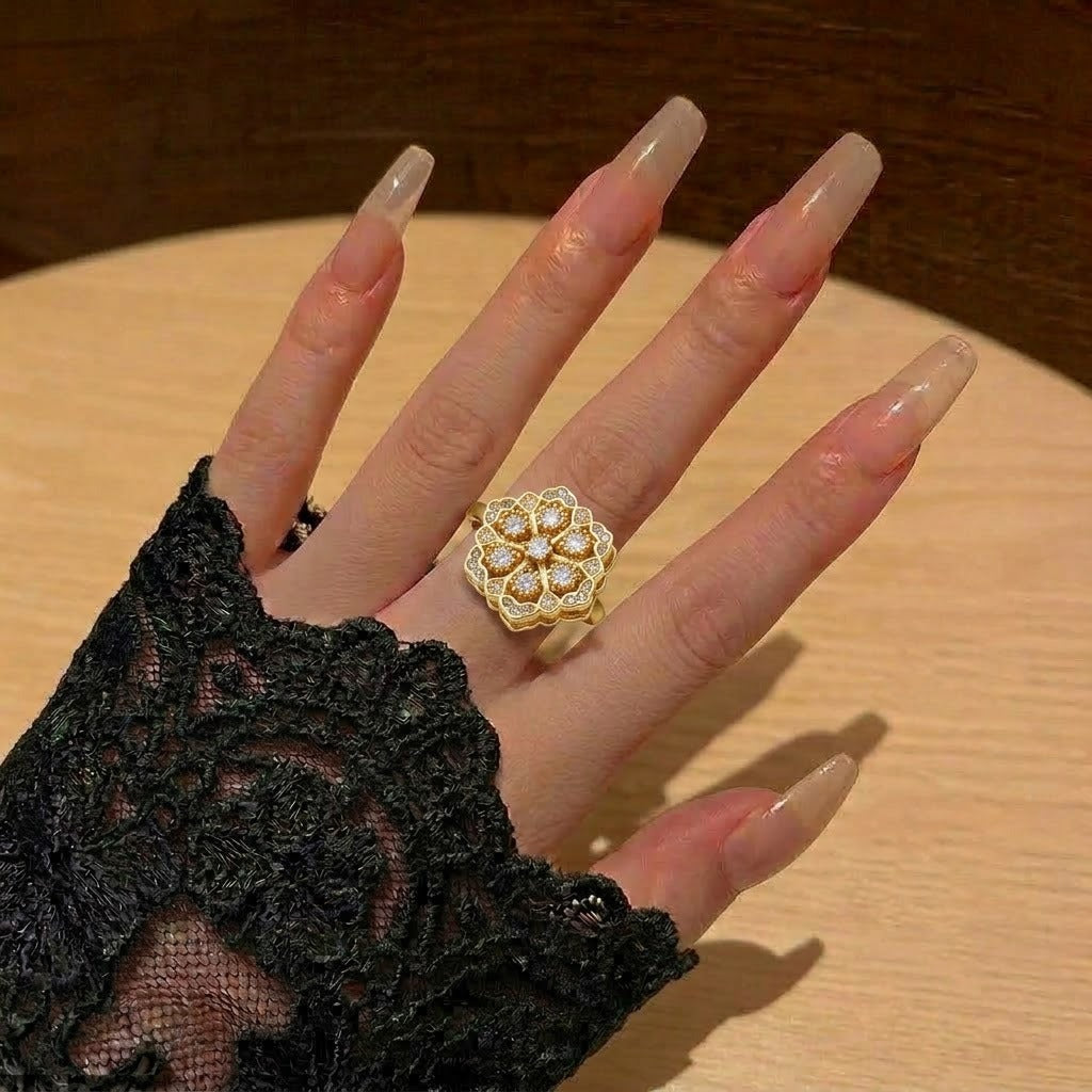 New Style Snowflake Open Ring For Women With Electroplated Zircon In Elegant Colour