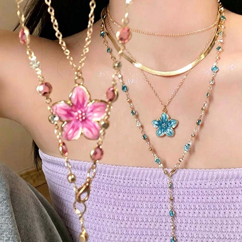 Gold Electroplated Layered Necklace With Zinc Alloy Flower Pendant For Women