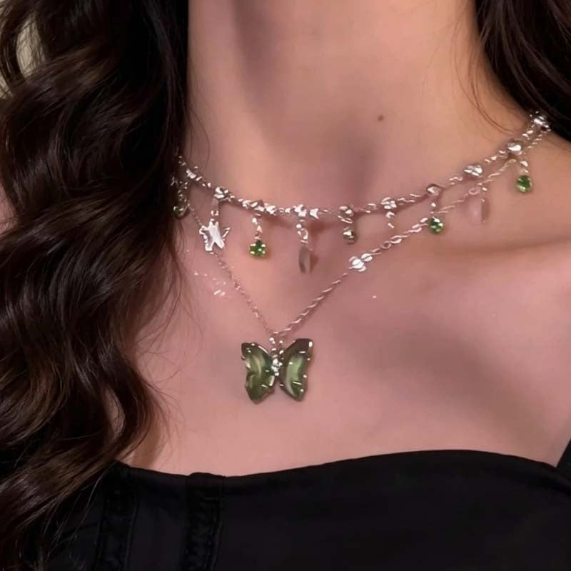 Butterfly Tassel Necklace In Light Green With Electroplated Zinc Alloy Pendant For Women