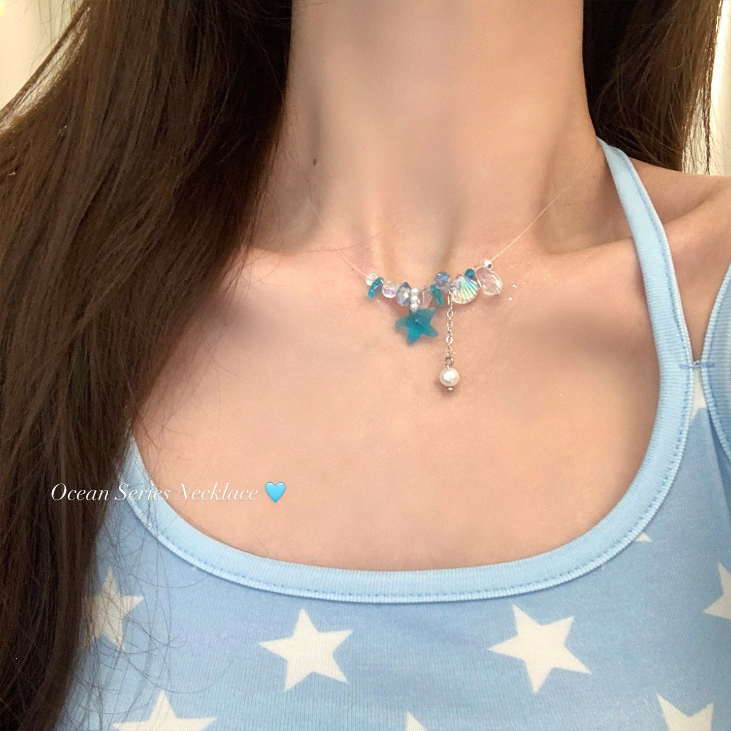Blue Starfish Necklace For Women In Copper With Electroplated Finish Featuring Zircon Inlay