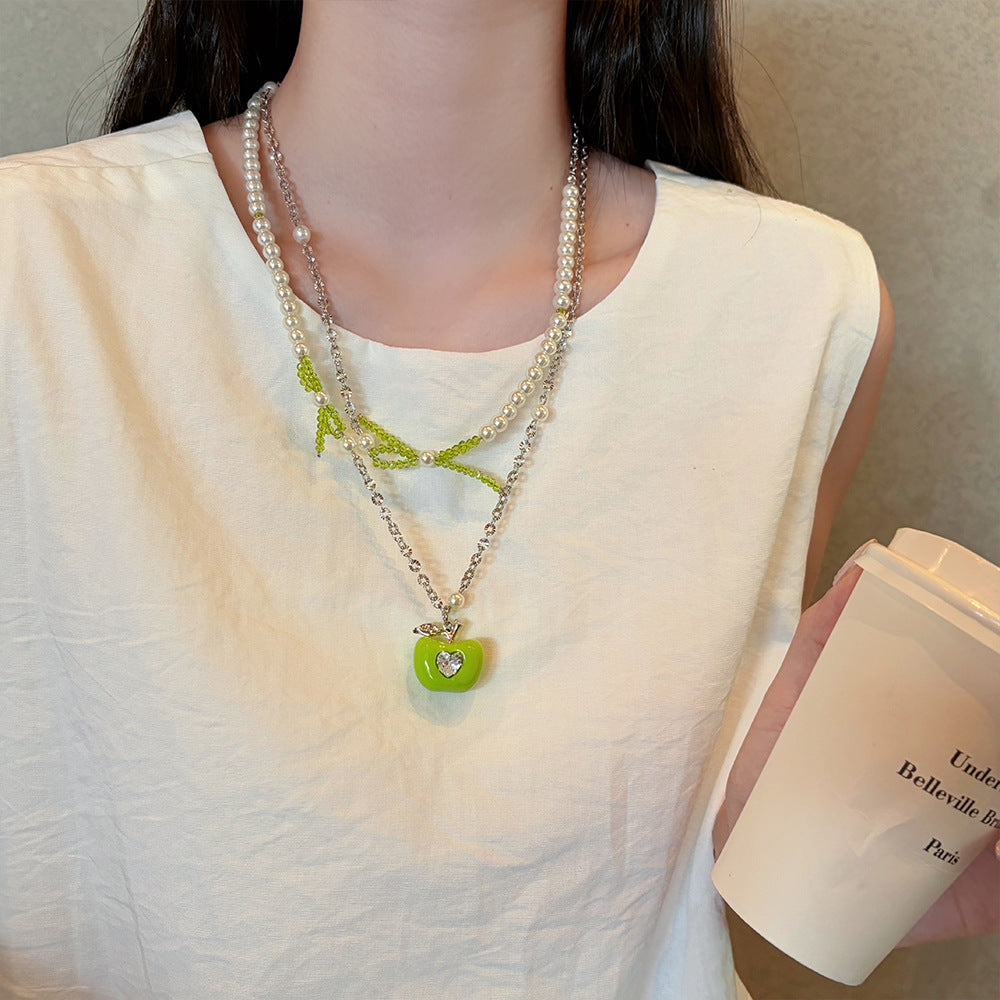 Apple Beading Pendant Necklace For Women In Sweet Style With Cyan Beaded Chain