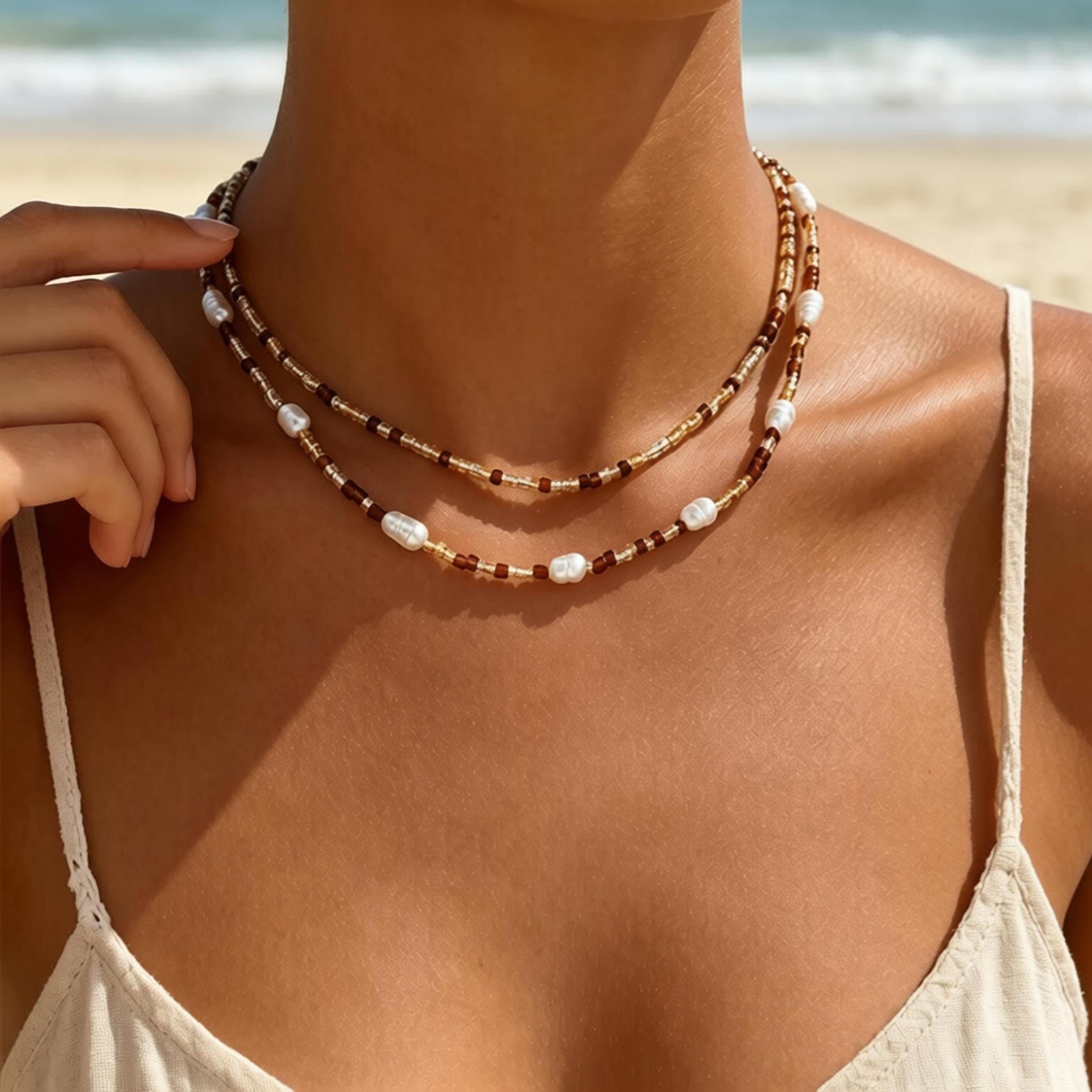 Ocean Pattern Marine Style Necklace For Women With Beige Seed Bead Craft And Beaded Chain