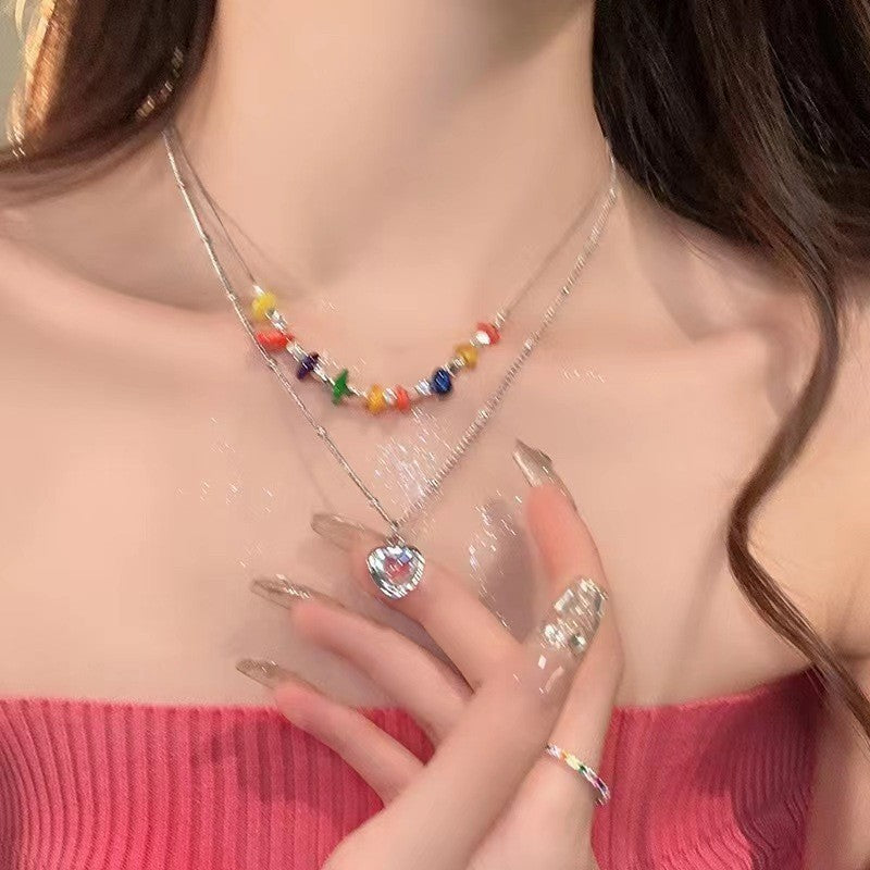 Heart Shape Double Layer Necklace For Women With Alloy Pendant And Beaded Chain In Colour