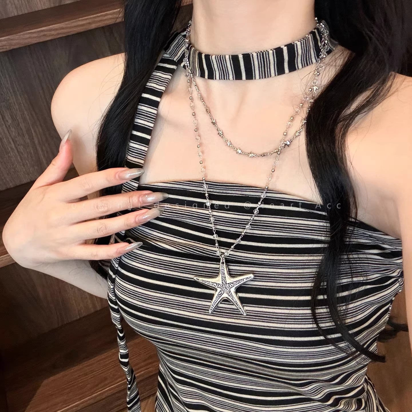 Ocean Pattern Double Layer Necklace For Women With Sweet Beaded Chain And Alloy Beading