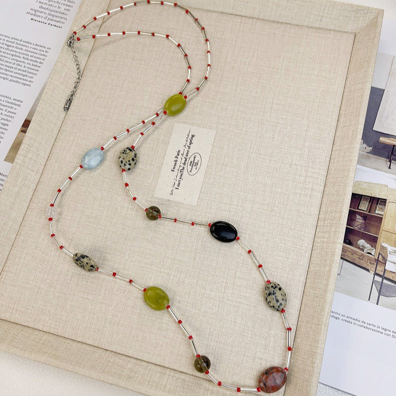 Oval Beaded Sweater Chain Necklace For Women Featuring Multicolor Natural Stone Pendant