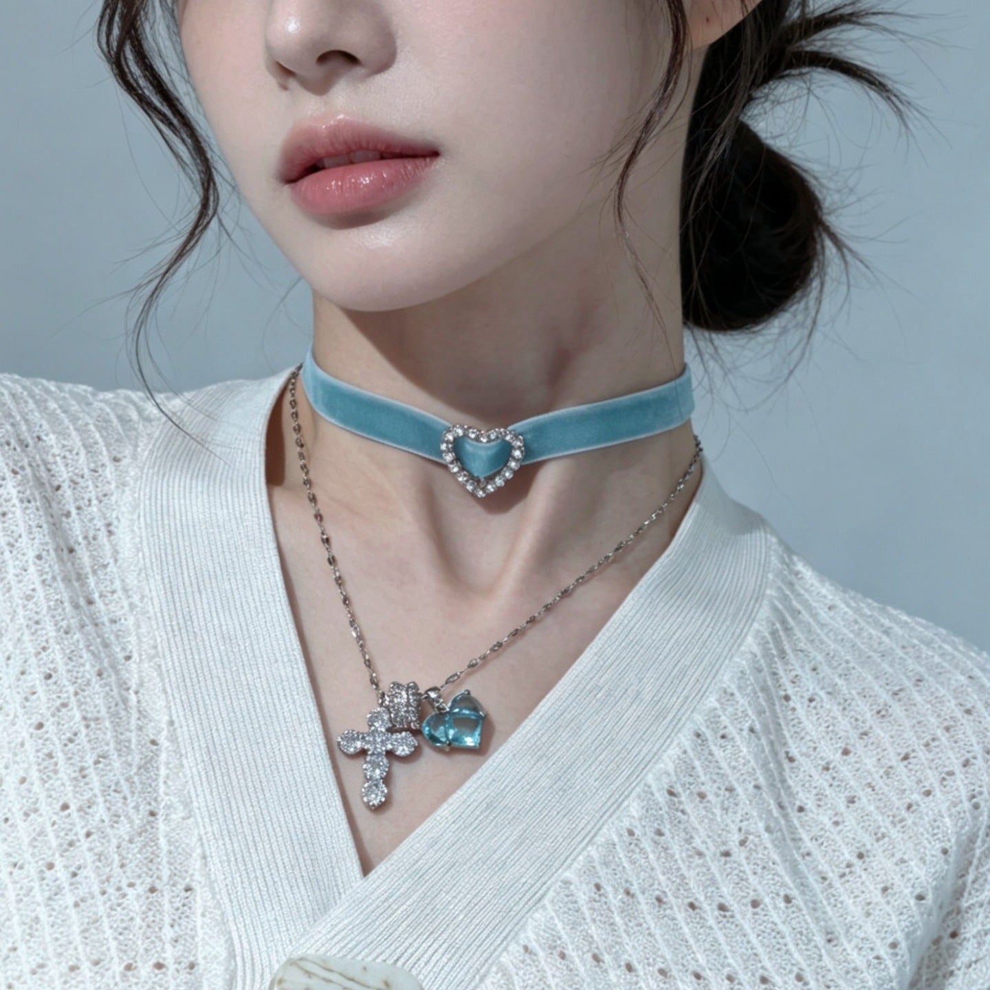 Heart Shape Braid Choker Necklace For Women In Blue With Zircon Inlay And Mixed Materials