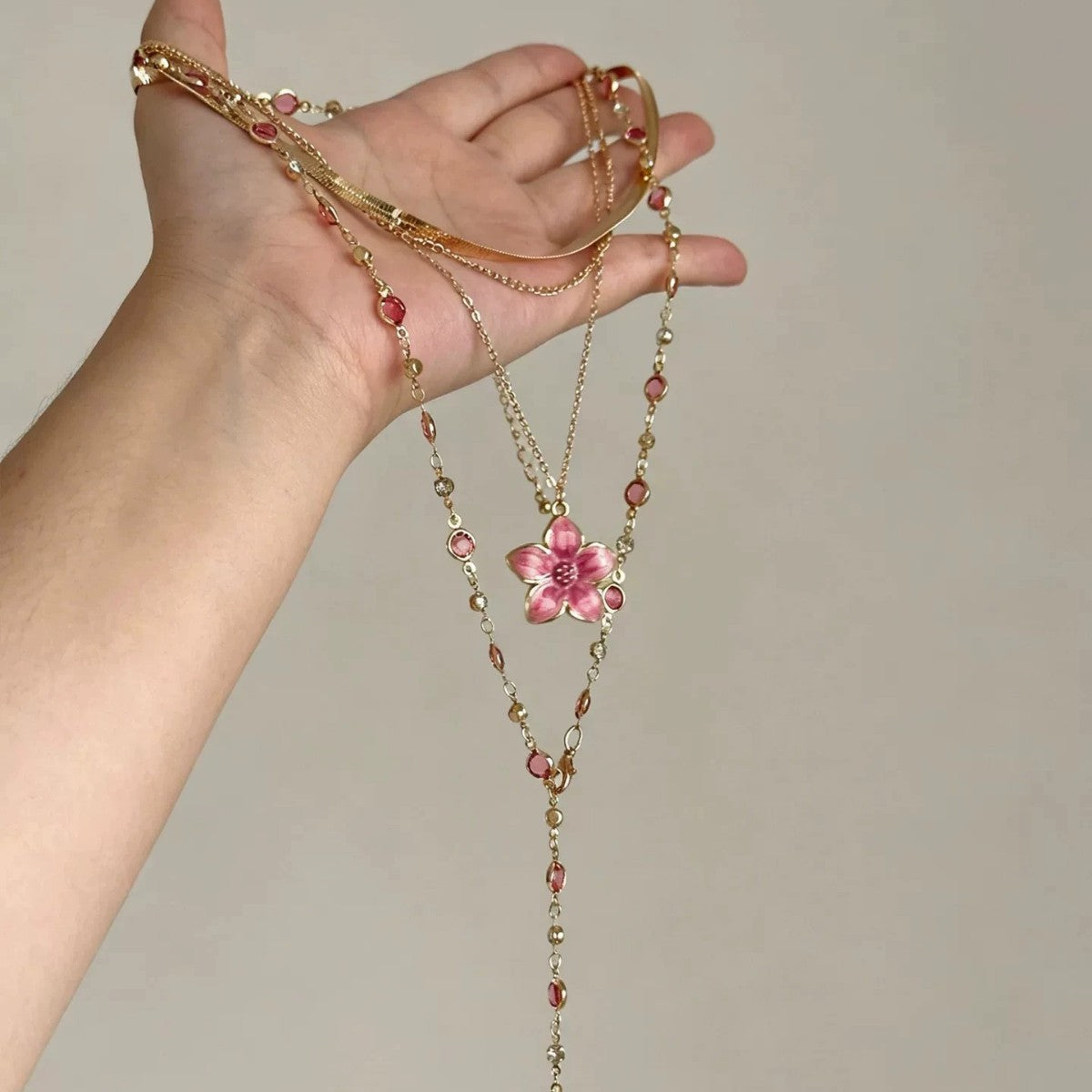 Natural Pink Flowers Layered Necklaces For Women, Electroplated Alloy With Crystal Inlay Pendant
