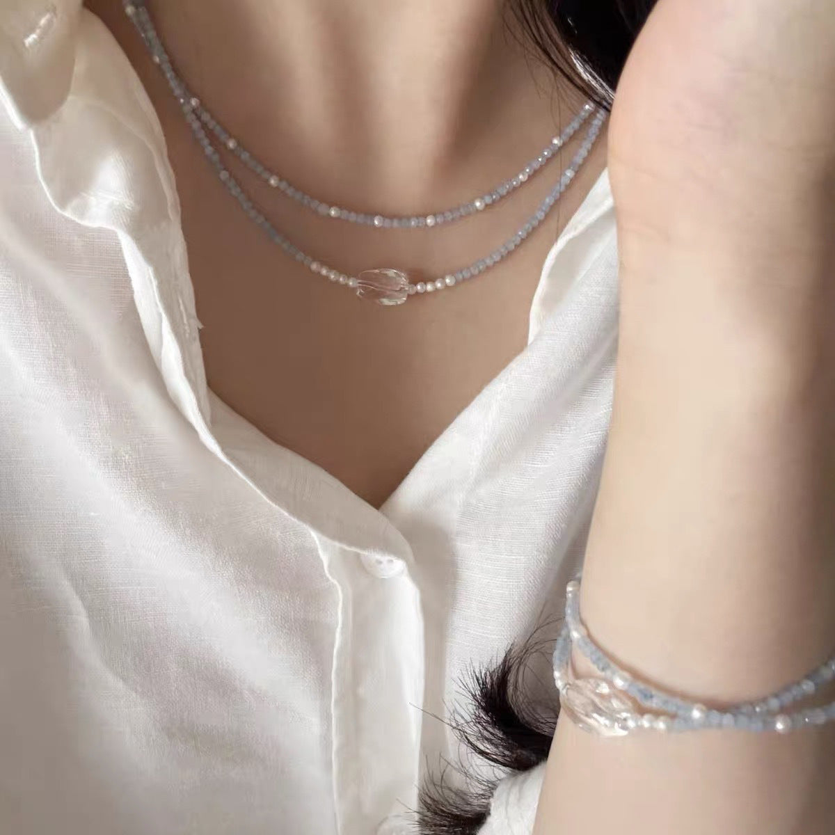 Sweet Double Layer Necklace For Women In 925 Sterling Silver With Beaded Chain And March Birthstone Aquamarine Inlay