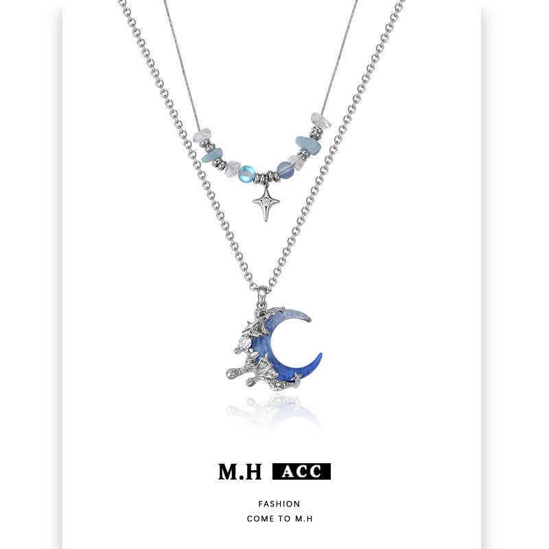Blue Moon Double Layer Necklace For Women With Alloy Pendant, Perfect Holiday Jewelry