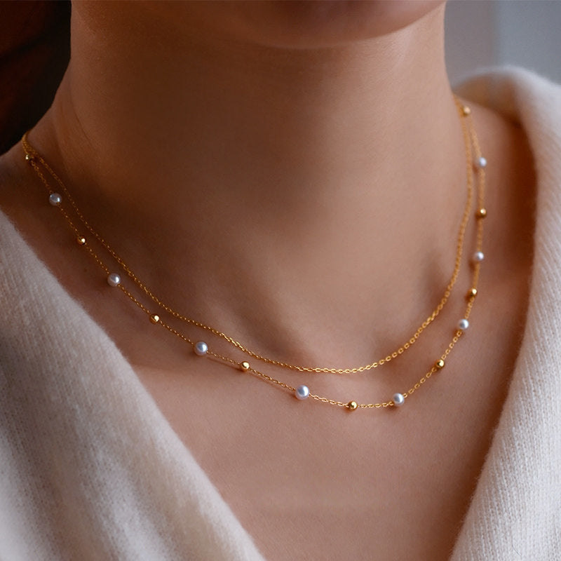 Sweet Double Layer Freshwater Pearl Necklace For Women With 18K Real Gold Plated Finish