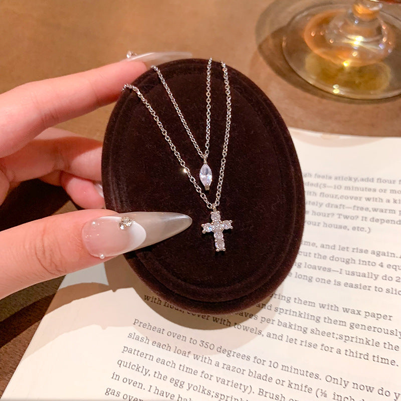 New Style Double Layer Cross Necklace For Women In Silver With Titanium Steel And Copper Pendant Featuring Zircon Inlay