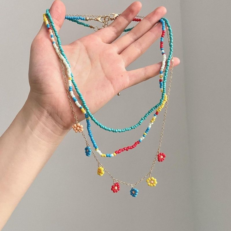 Bohemian Flowers Necklace For Women With Acrylic Beading And Alloy Pendant On Beaded Chain In Colour