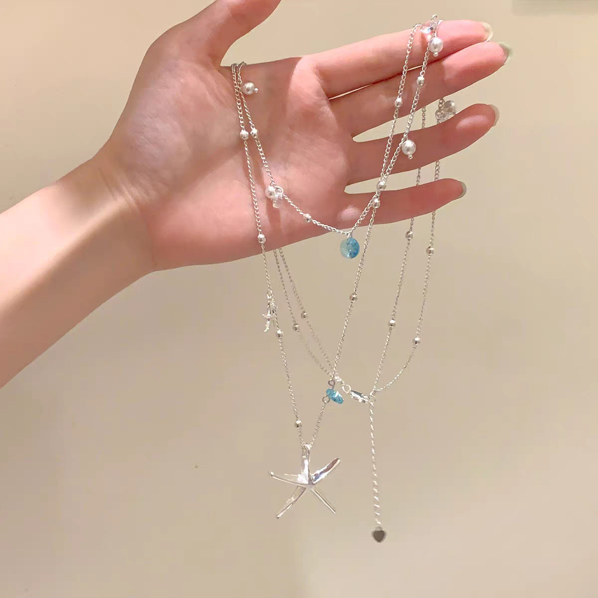 Starfish Marine Style Necklace For Women With Blue Alloy Pendant And Zircon Inlay
