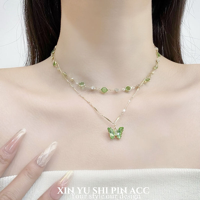 Butterfly Double Layer Necklace For Women In Green, Electroplated Alloy Pendant