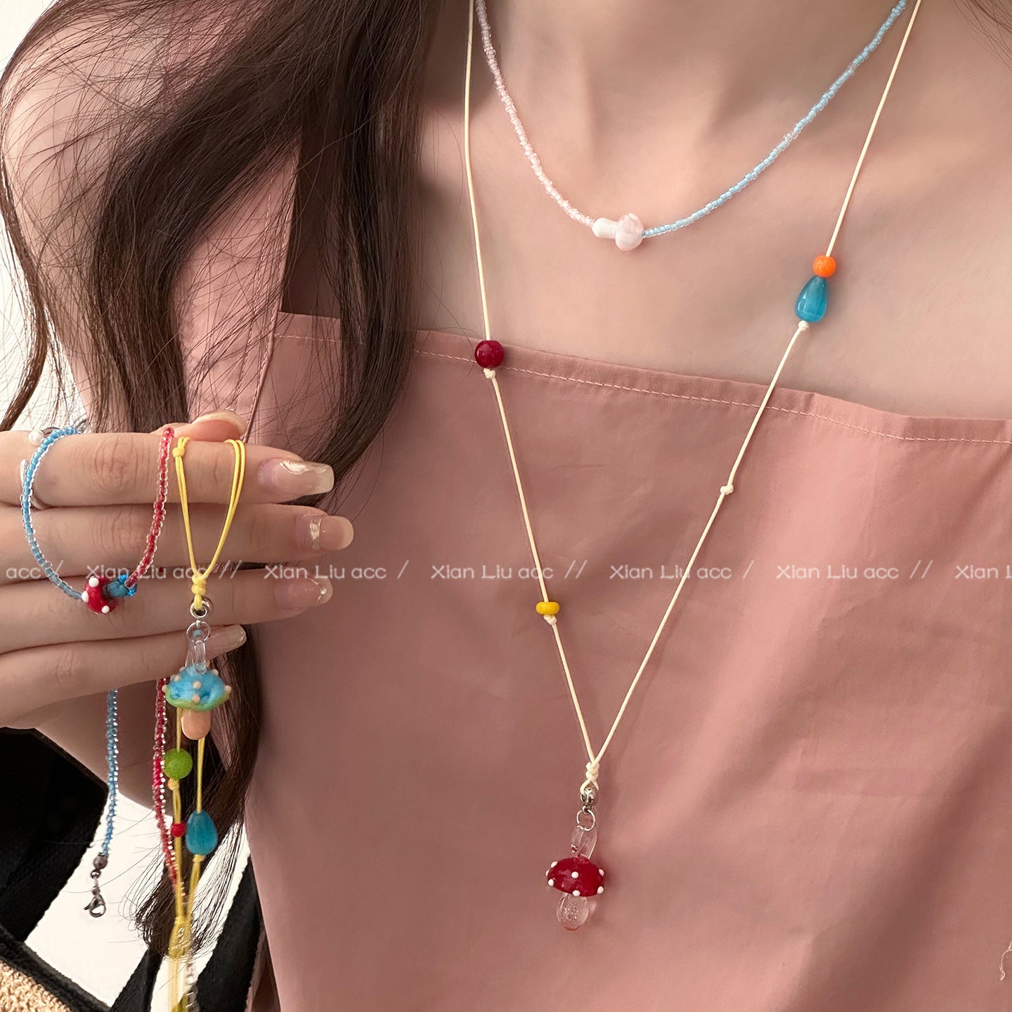 Multicolor Mushroom Beaded Chain Long Necklace For Women Featuring Mixed Materials Craft Beading