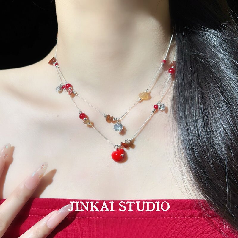Apple Beading Necklace For Women In Sweet Style With Red Mixed Materials And Alloy Pendant