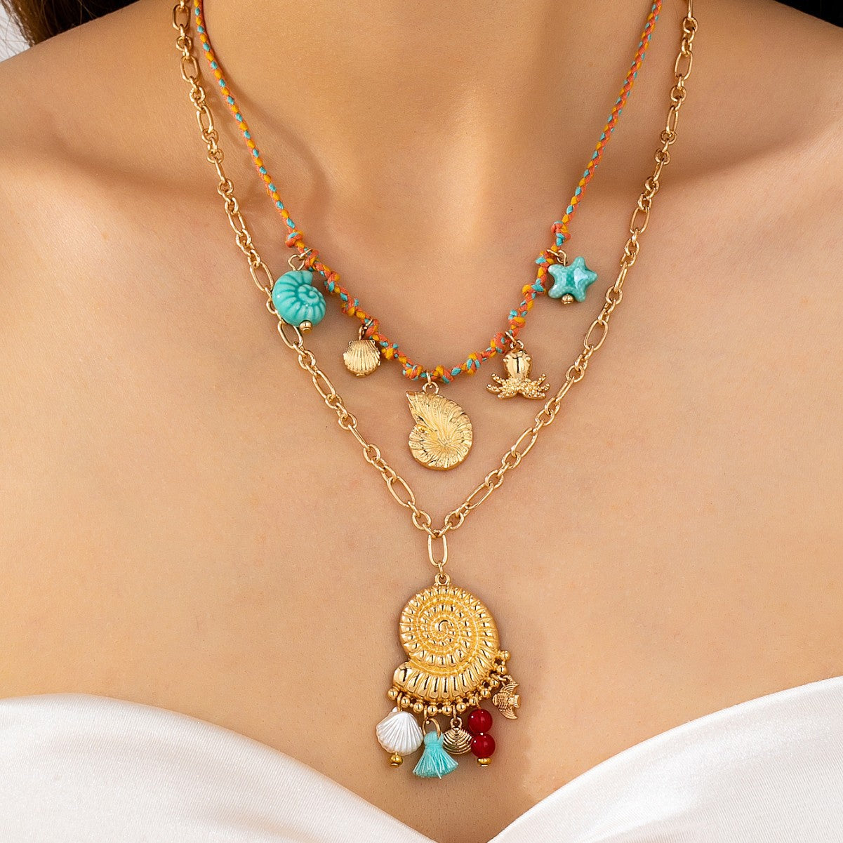 Conch Tassel Double Layer Necklace In Multicolor Featuring Zinc Alloy Pendant For Women, Marine Style Jewelry