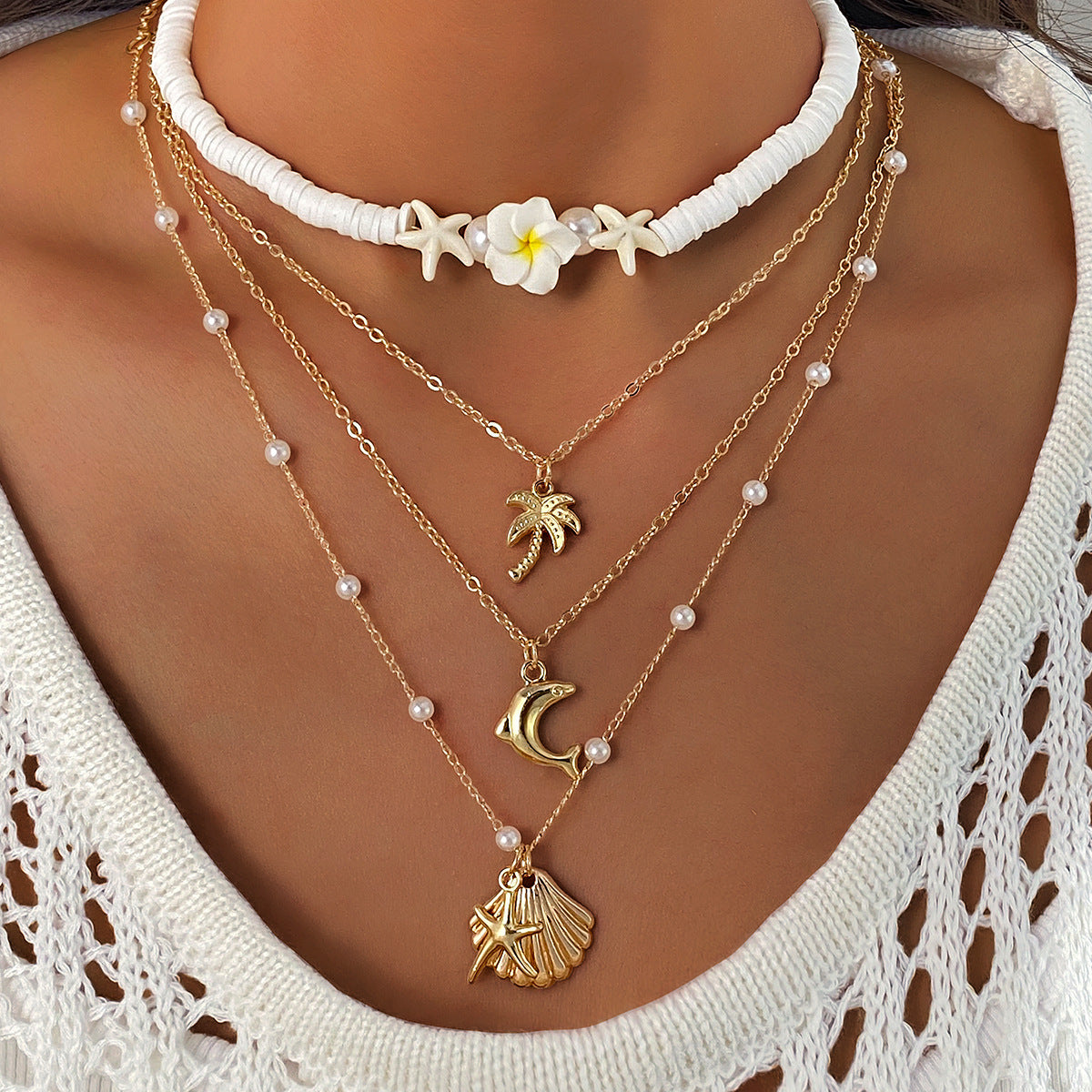 Ocean Layered Necklaces For Women In Marine Style Featuring Alloy Chain And Shell Pendant