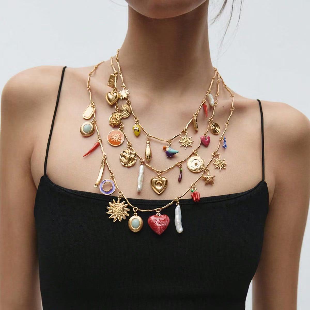 Bohemian Heart Shape Layered Necklace For Women In Electroplated Zinc Alloy With Alloy Pendant
