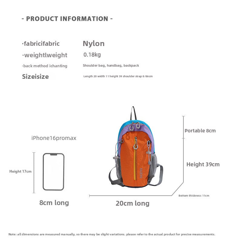 Color Block Nylon Hiking Backpack With Sewing Thread Detail, Breathable Design, 12 Inch Size For Summer