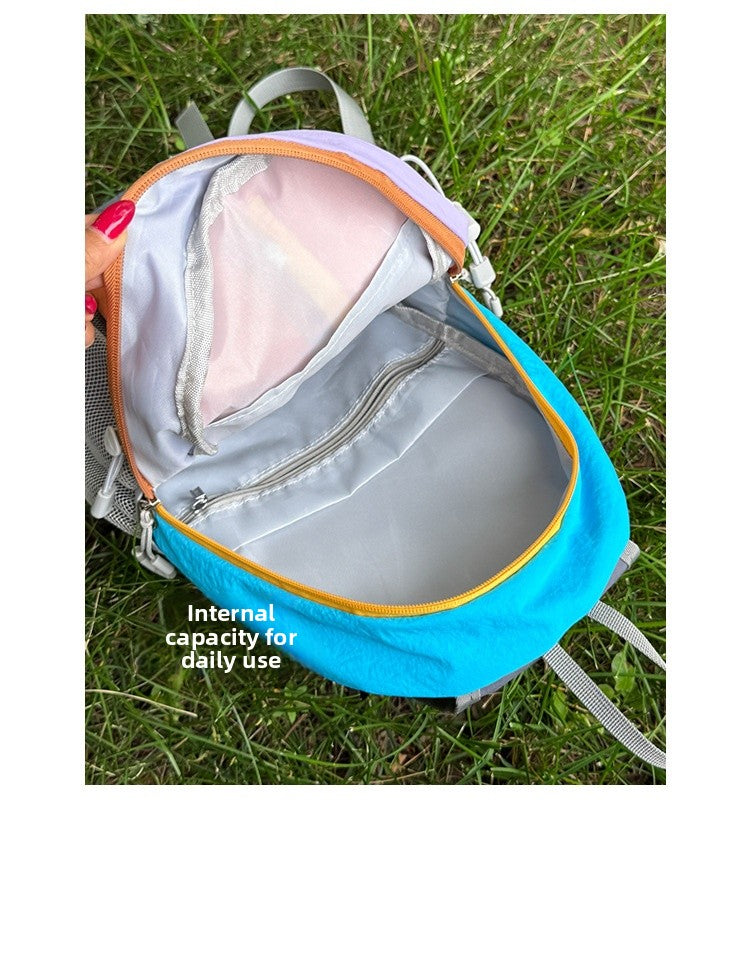 Color Block Nylon Hiking Backpack With Sewing Thread Detail, Breathable Design, 12 Inch Size For Summer