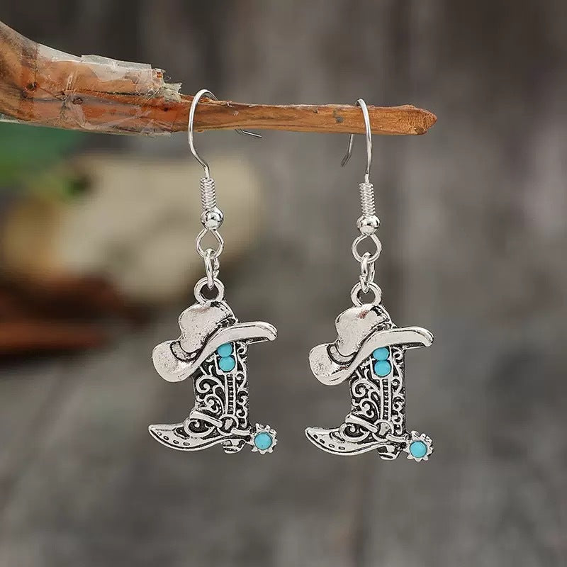 Bohemian Silver Cowboy Hat Earrings For Women Featuring Zinc Alloy And Iron Post Material