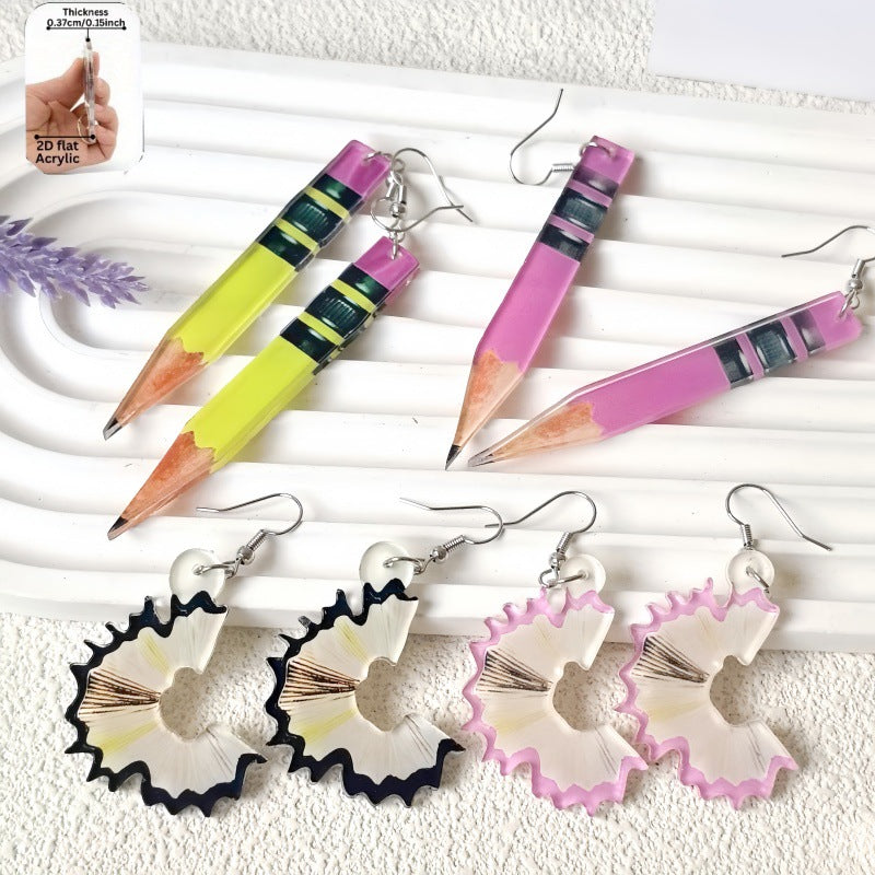 Cute Yellow Pencil Acrylic Earrings With Iron Ear Pins, Unisex Design
