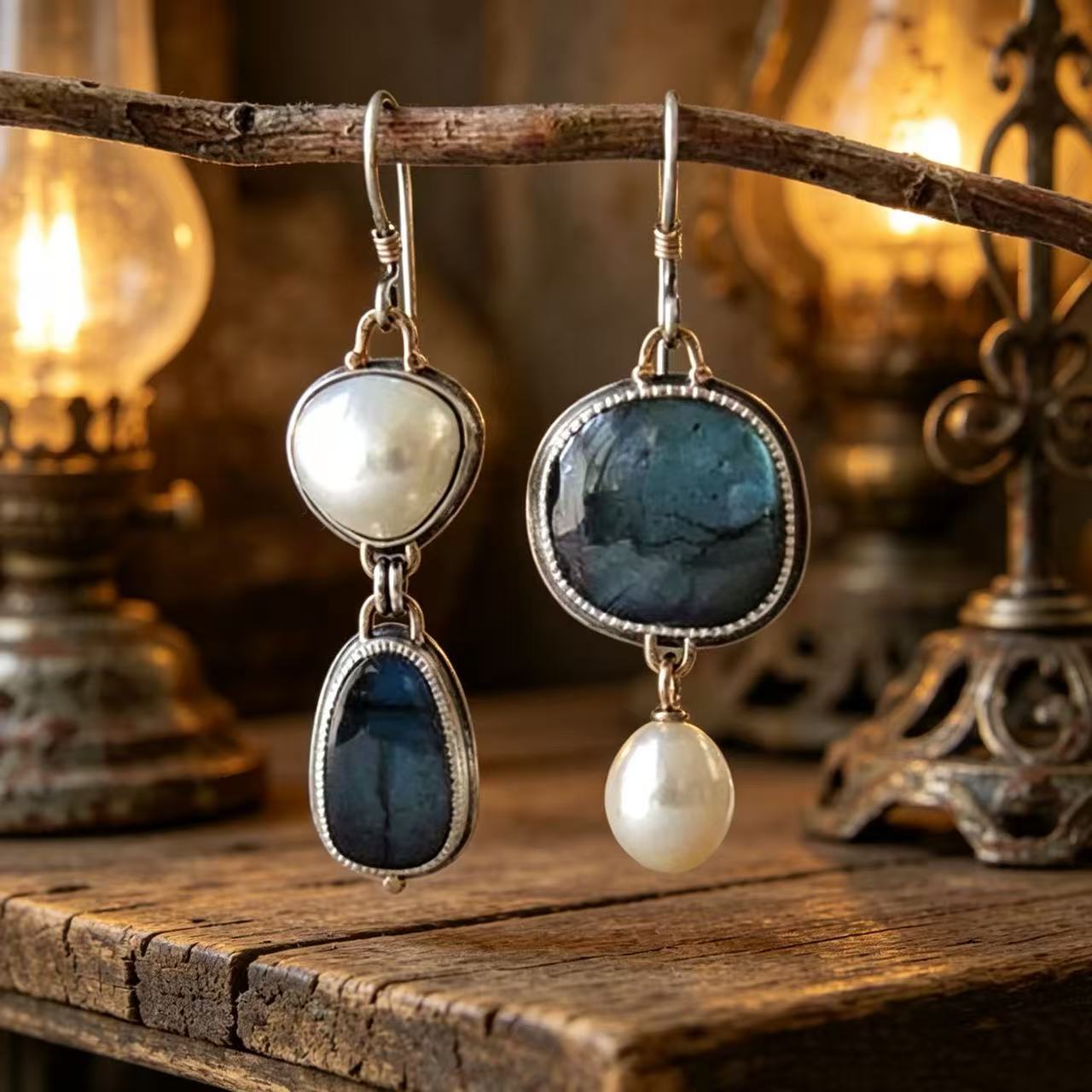 Asymmetrical Blue Freshwater Pearl Earrings For Women Featuring 925 Sterling Silver Ear Pins