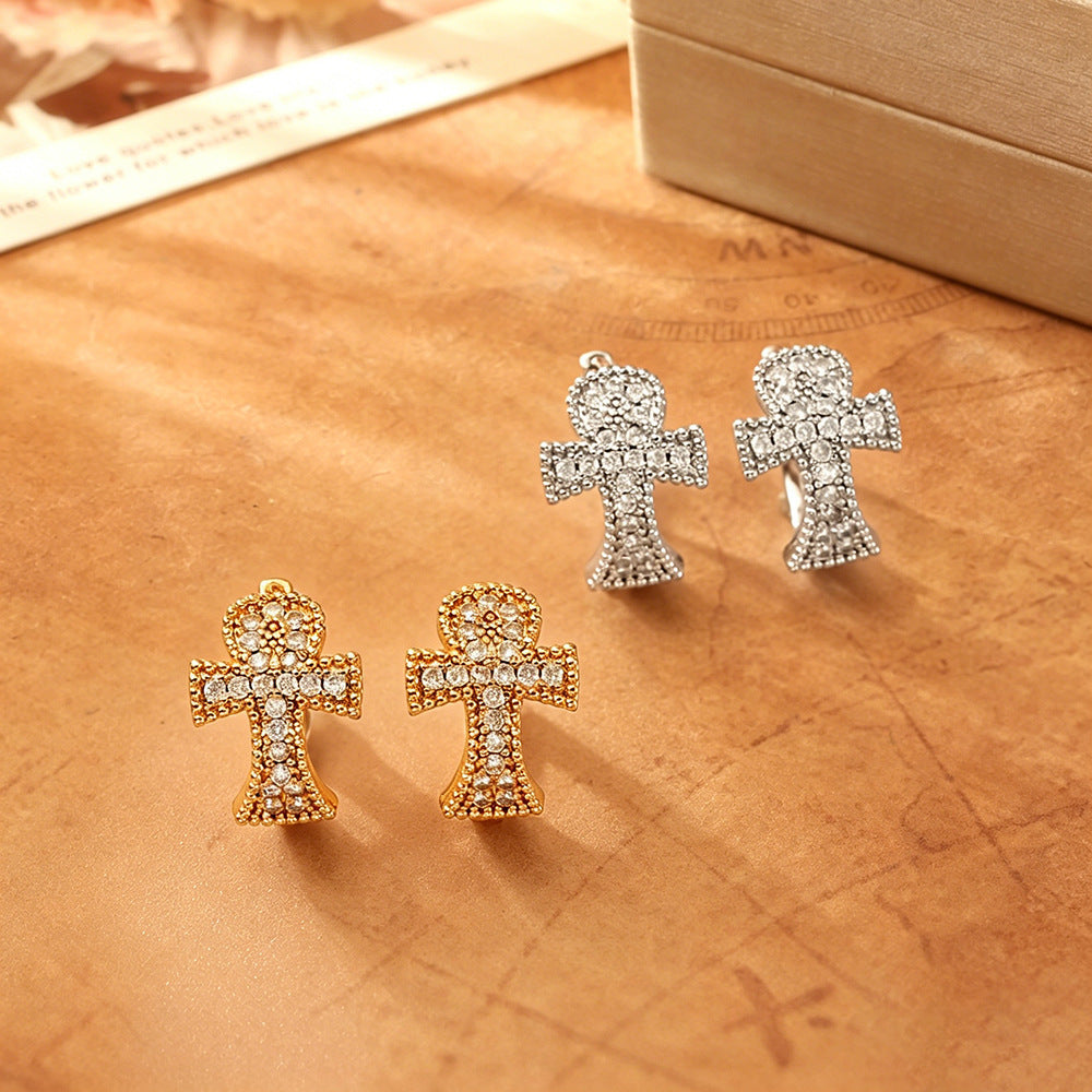 Cross Earrings For Women In Real Gold Plated Copper Featuring Zircon Inlay, Elegant Jewelry Accessory