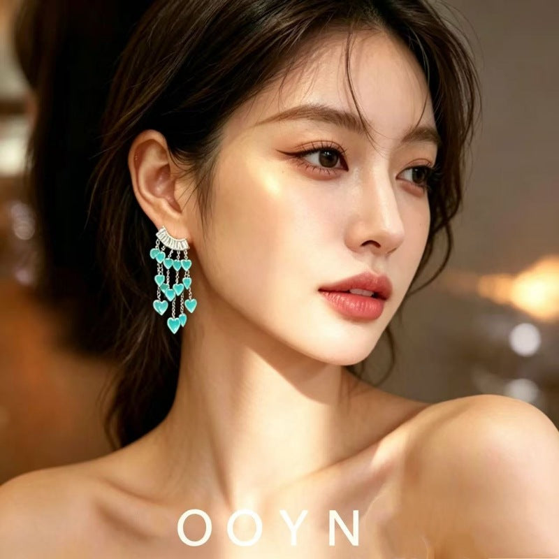Heart Shape Tassel Earrings For Women Featuring Peach Crystal And Zircon Inlay With Copper Ear Pins