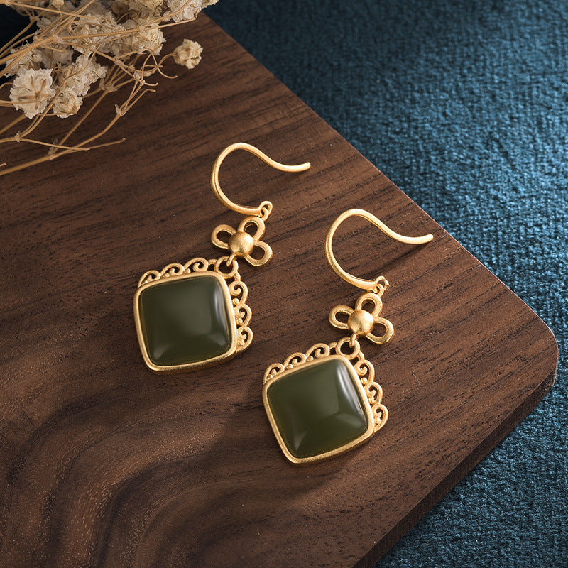 Geometric Earrings For Women Featuring Gold Plated Copper With Jade Inlay In Elegant Gold Tone