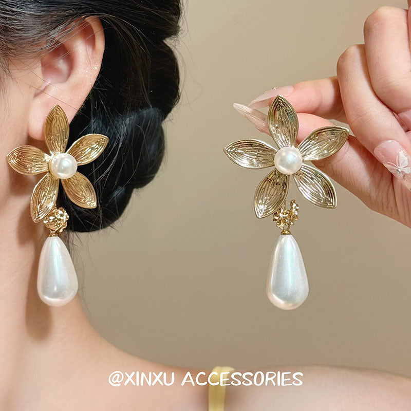 Gold Flowers Earrings For Women Featuring Electroplated Alloy With 925 Sterling Silver Ear Pins